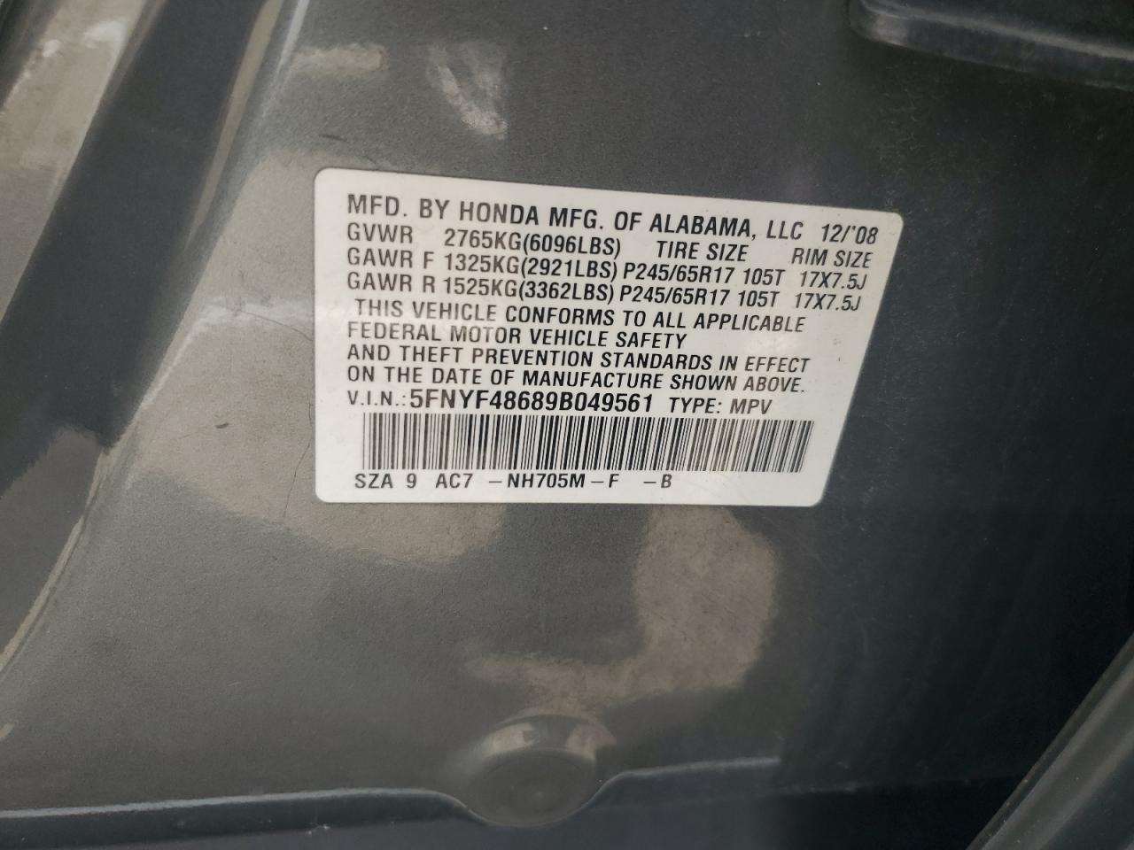 2009 Honda Pilot Exl VIN: 5FNYF48689B049561 Lot: 65081134