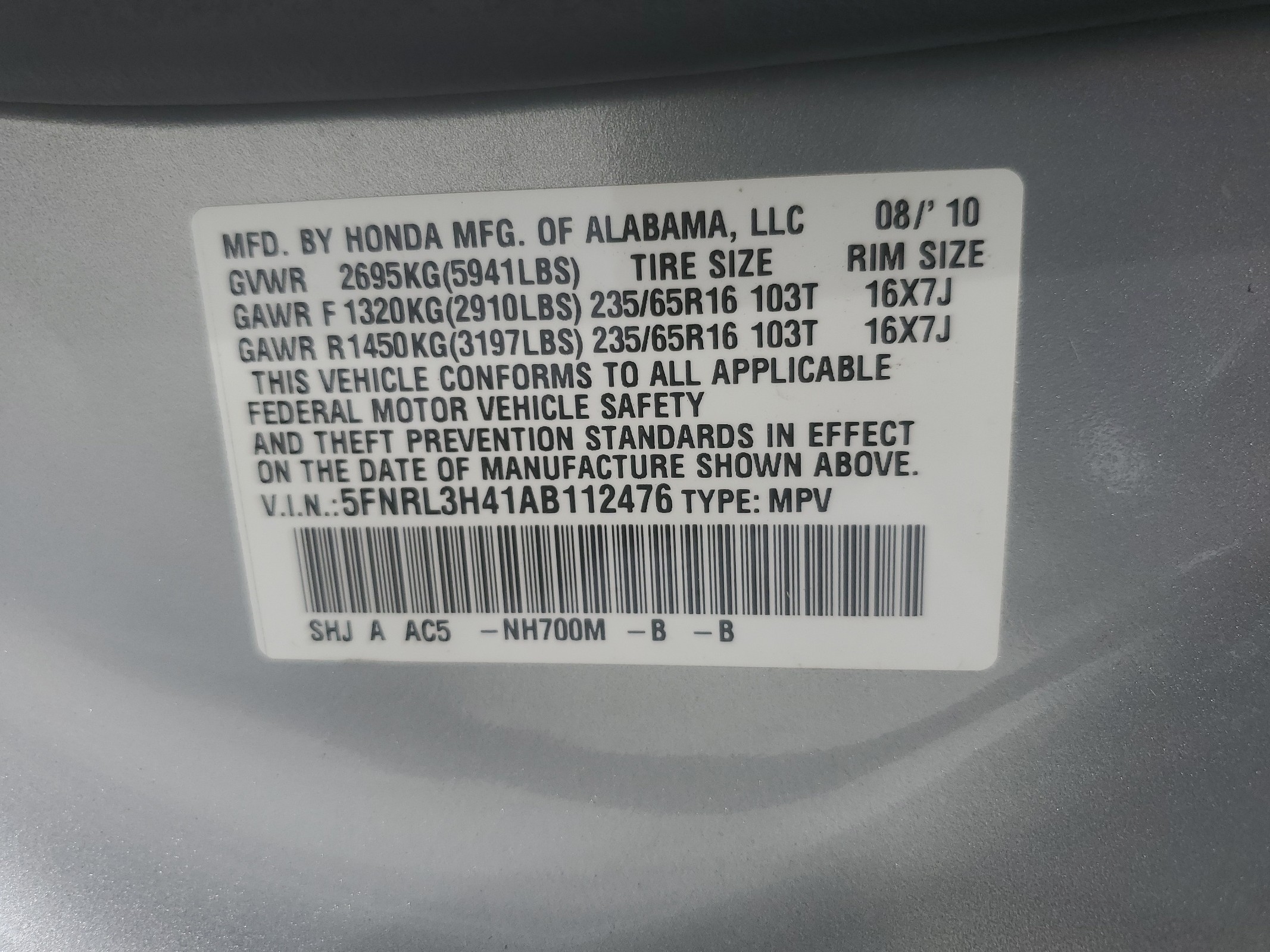 5FNRL3H41AB112476 2010 Honda Odyssey Ex