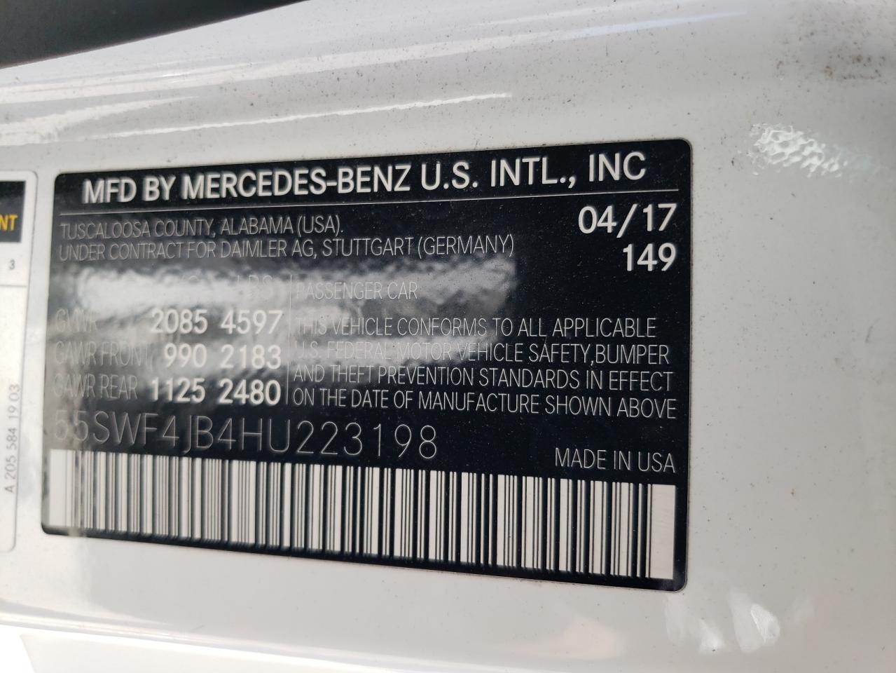 2017 Mercedes-Benz C 300 VIN: 55SWF4JB4HU223198 Lot: 64523274