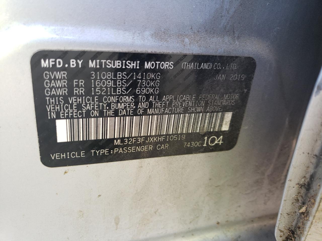 2019 Mitsubishi Mirage G4 Es VIN: ML32F3FJXKHF10519 Lot: 65140064