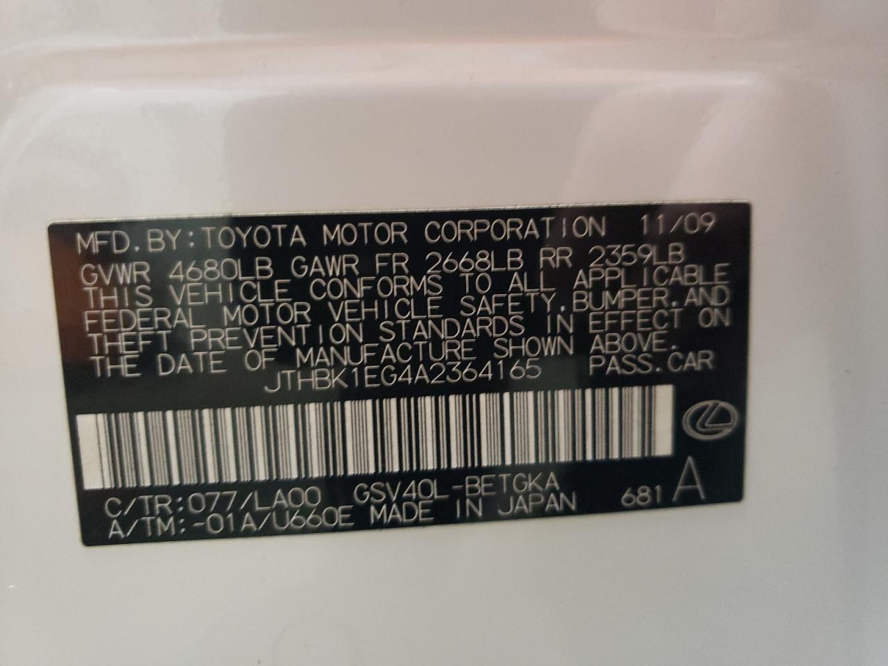 2010 Lexus Es 350 VIN: JTHBK1EG4A2364165 Lot: 67520484