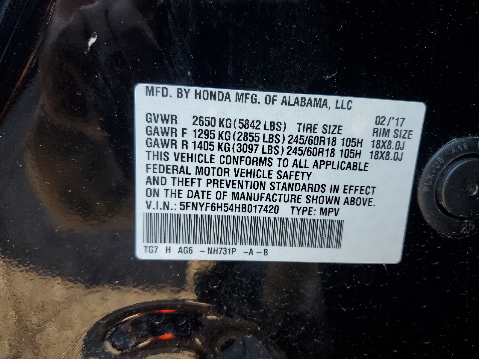 5FNYF6H54HB017420 2017 Honda Pilot Exl