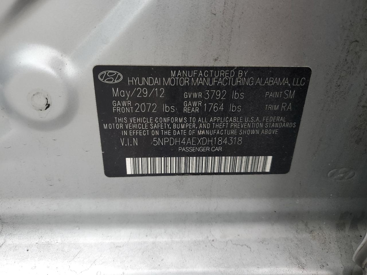 2013 Hyundai Elantra Gls VIN: 5NPDH4AEXDH184318 Lot: 66035644