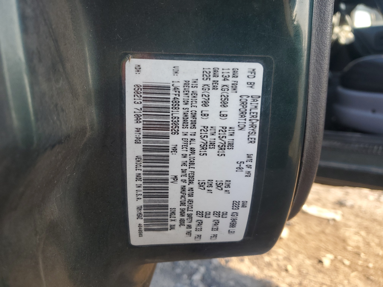 1J4FF48S81L630526 2001 Jeep Cherokee Sport