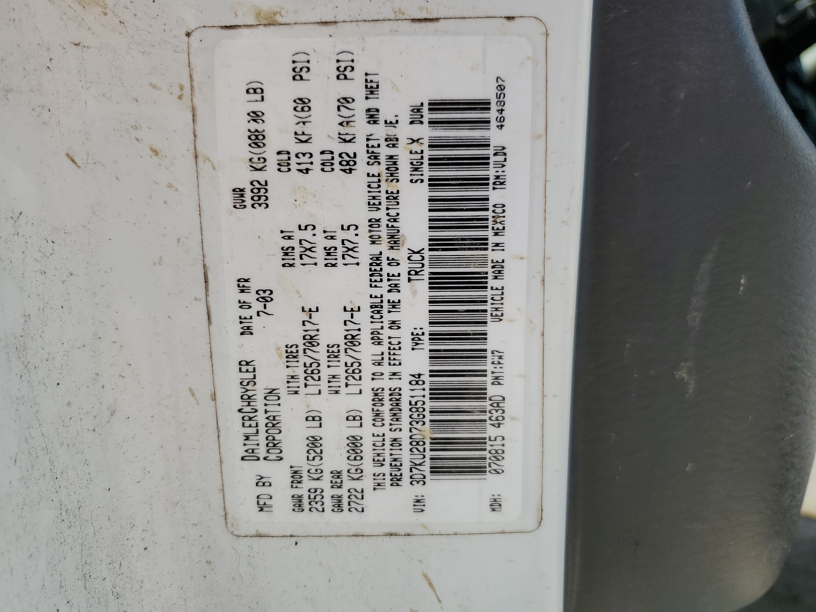 3D7KU28D73G851184 2003 Dodge Ram 2500 St