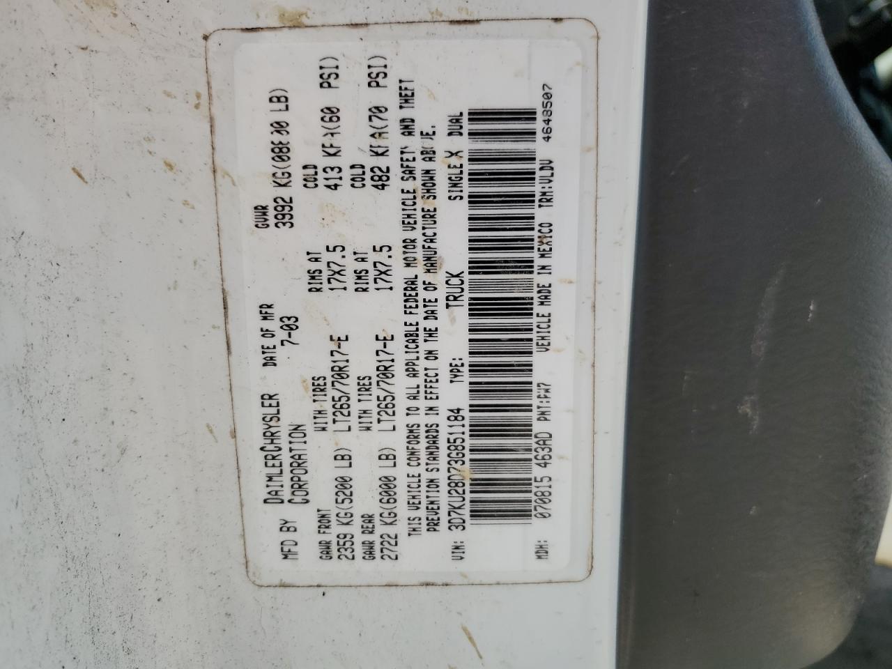 2003 Dodge Ram 2500 St VIN: 3D7KU28D73G851184 Lot: 65734184