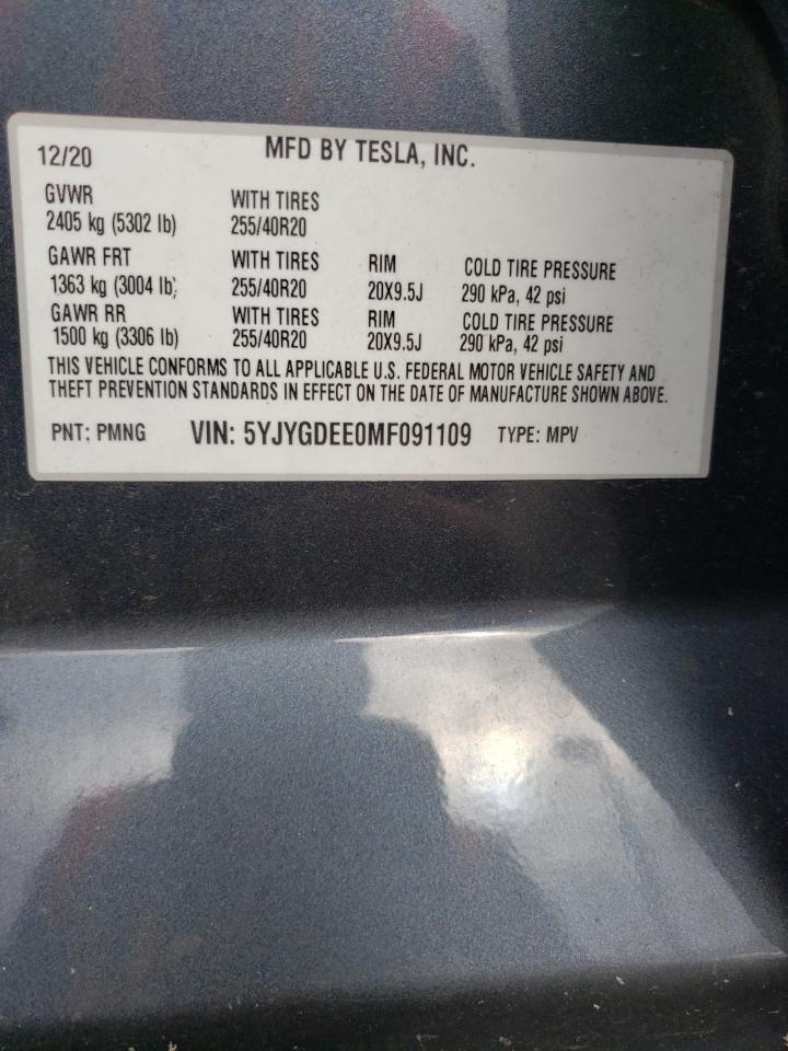 2021 Tesla Model Y VIN: 5YJYGDEE0MF091109 Lot: 65742134