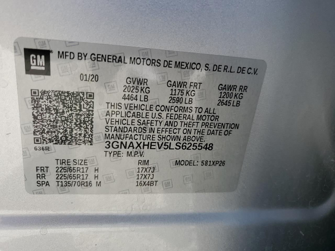 2020 Chevrolet Equinox Ls VIN: 3GNAXHEV5LS625548 Lot: 69645734