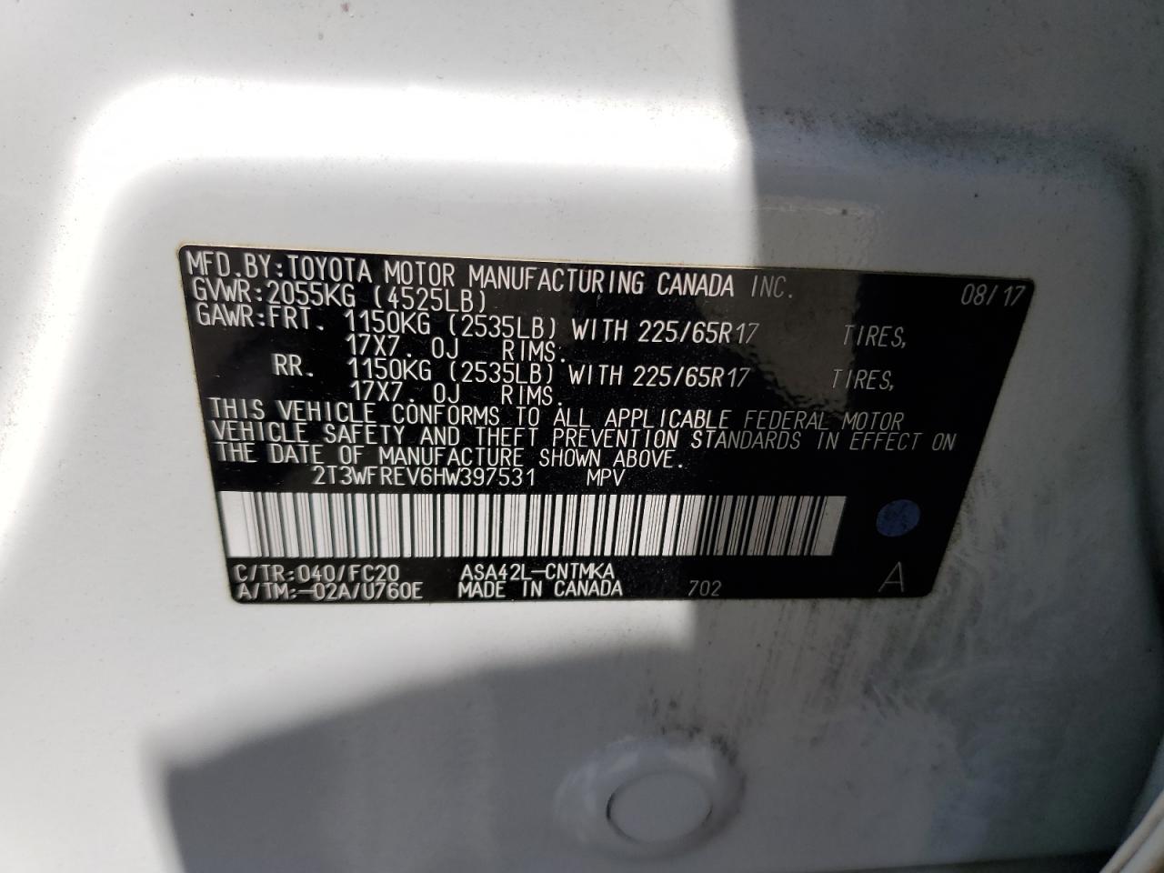 2T3WFREV6HW397531 2017 Toyota Rav4 Xle