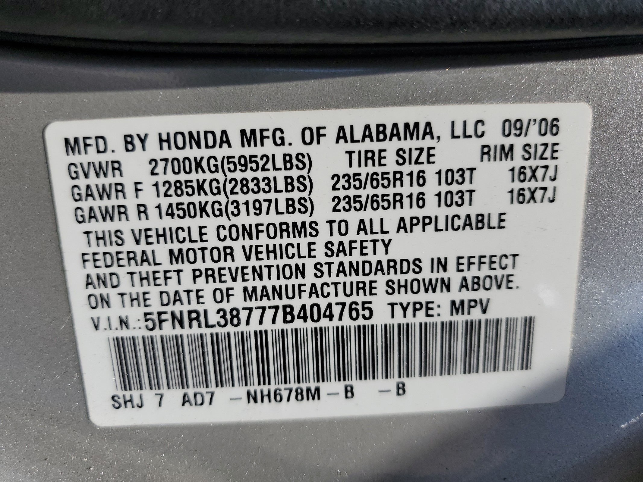 5FNRL38777B404765 2007 Honda Odyssey Exl