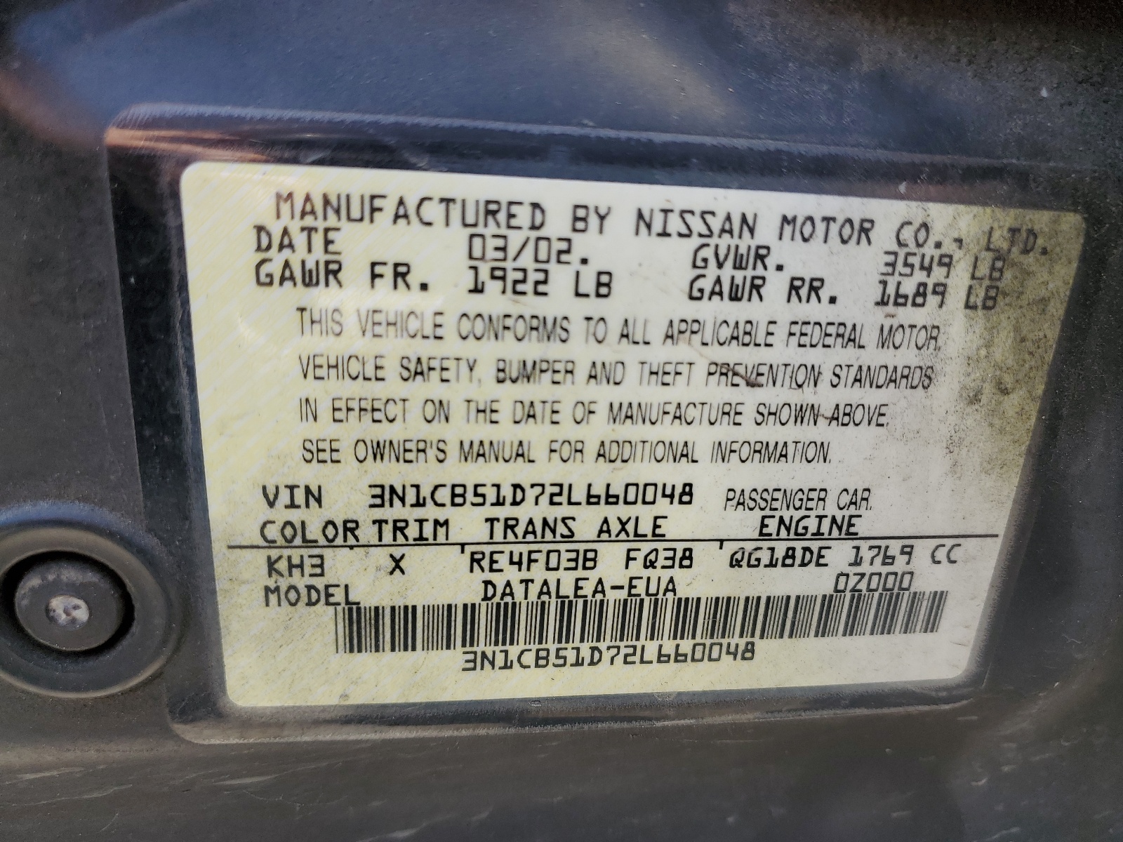 3N1CB51D72L660048 2002 Nissan Sentra Xe