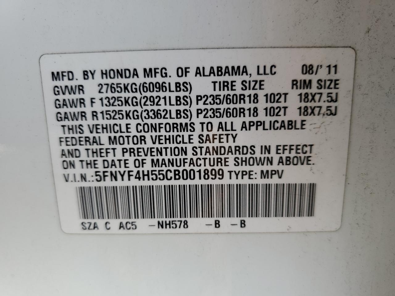 5FNYF4H55CB001899 2012 Honda Pilot Exl