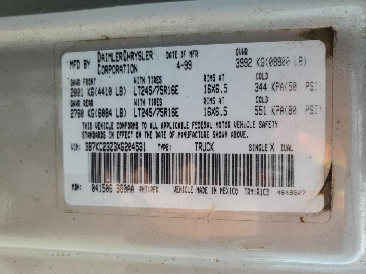 1999 Dodge Ram 2500 VIN: 3B7KC23Z3XG204531 Lot: 66491184