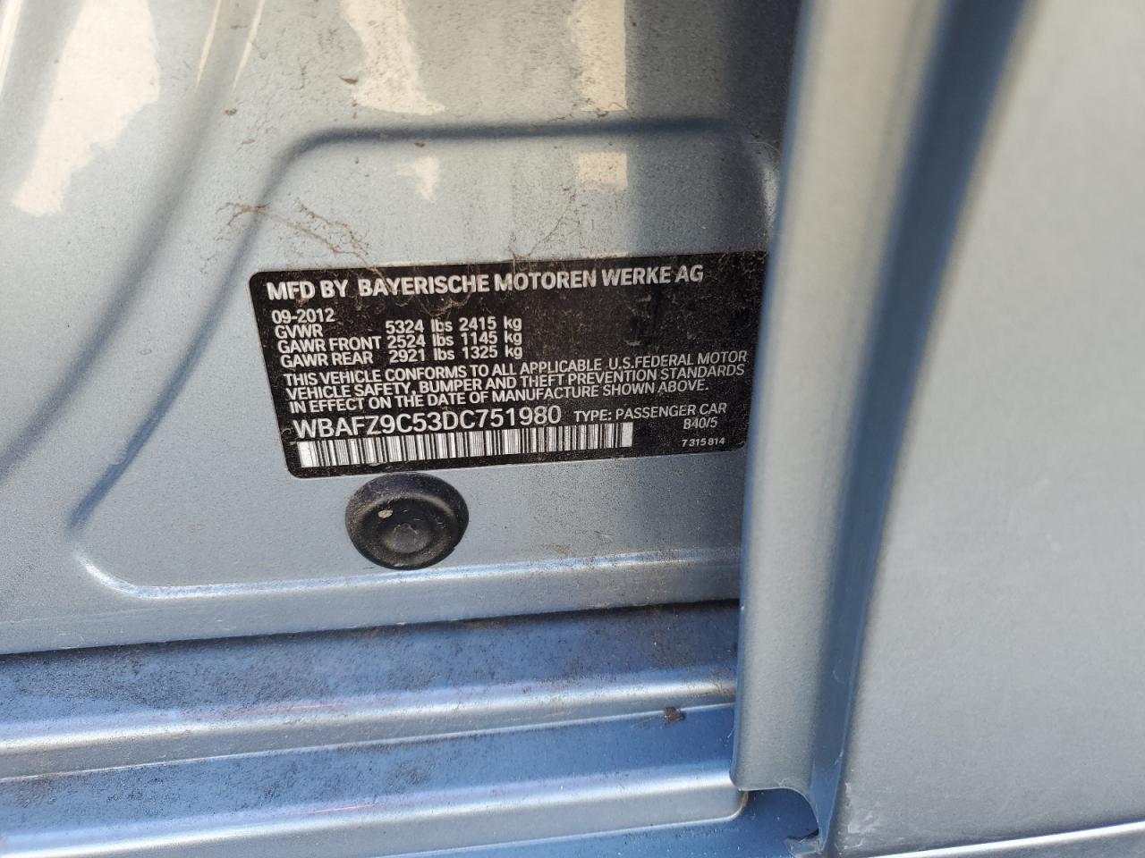 2013 BMW 535 I Hybrid VIN: WBAFZ9C53DC751980 Lot: 68752424