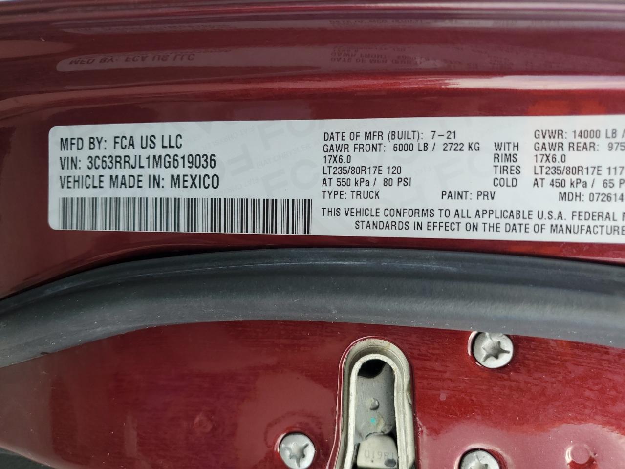 2021 Ram 3500 Laramie VIN: 3C63RRJL1MG619036 Lot: 65736034