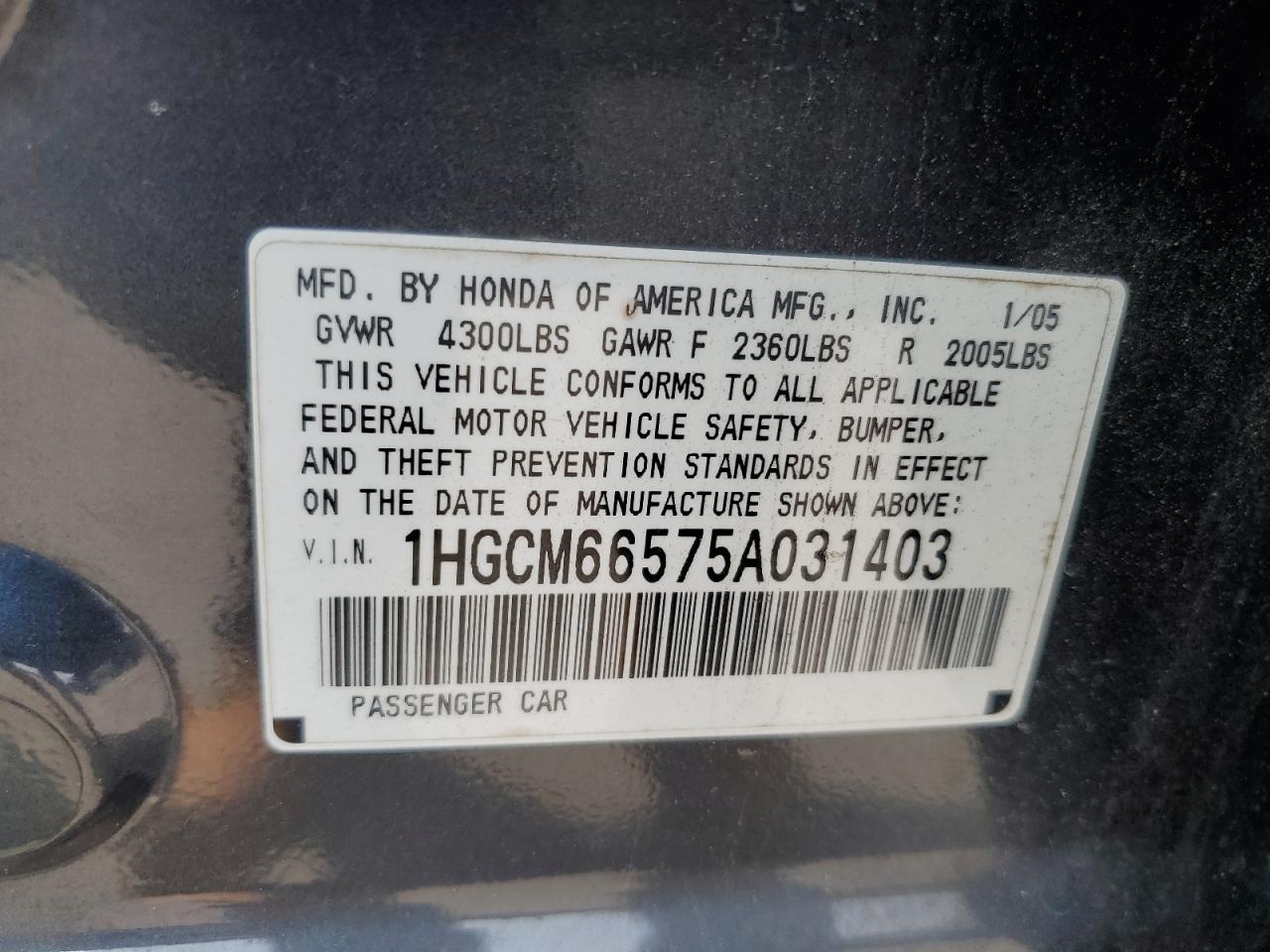 2005 Honda Accord Ex VIN: 1HGCM66575A031403 Lot: 66158214