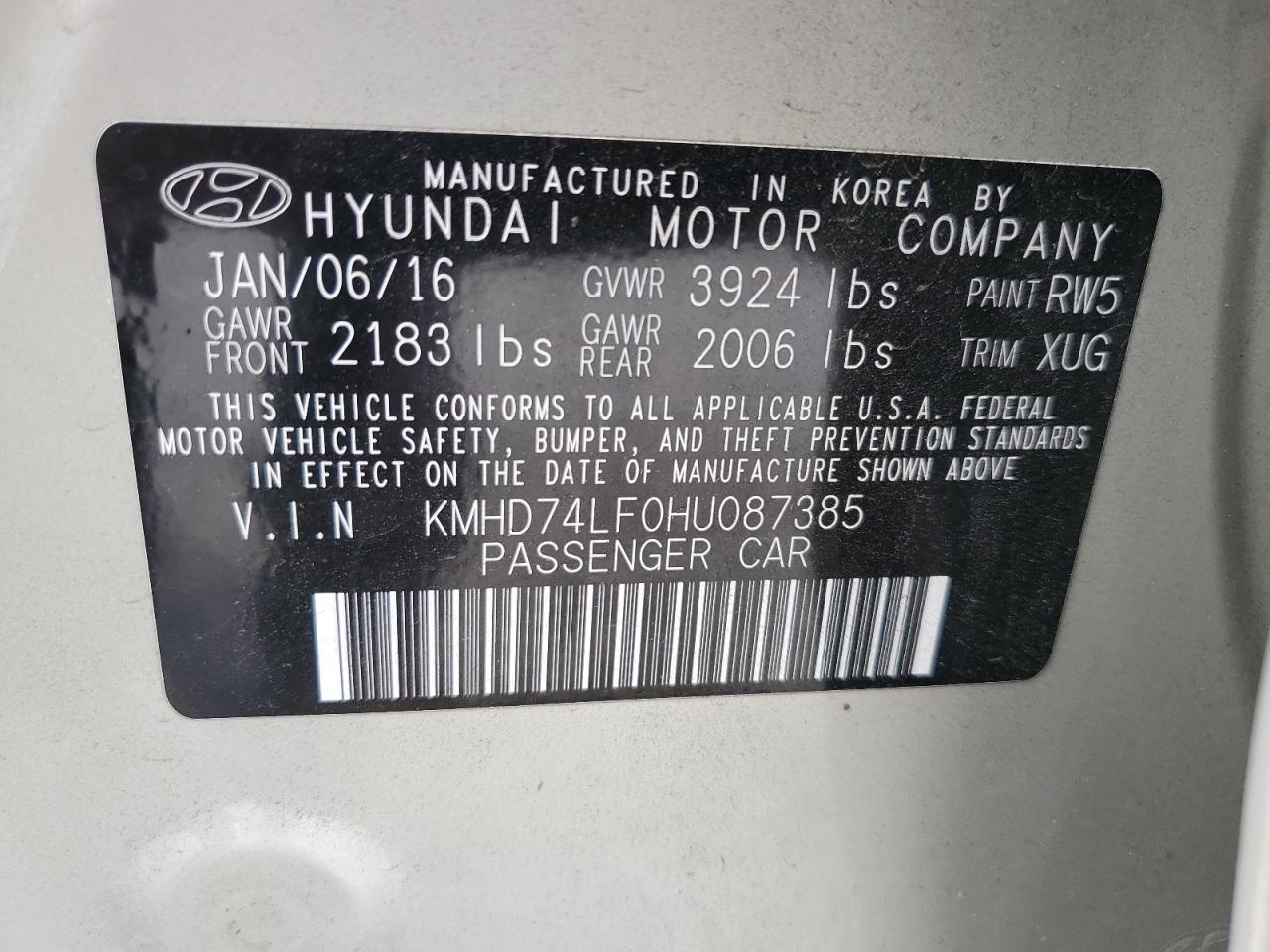 KMHD74LF0HU087385 2017 Hyundai Elantra Se