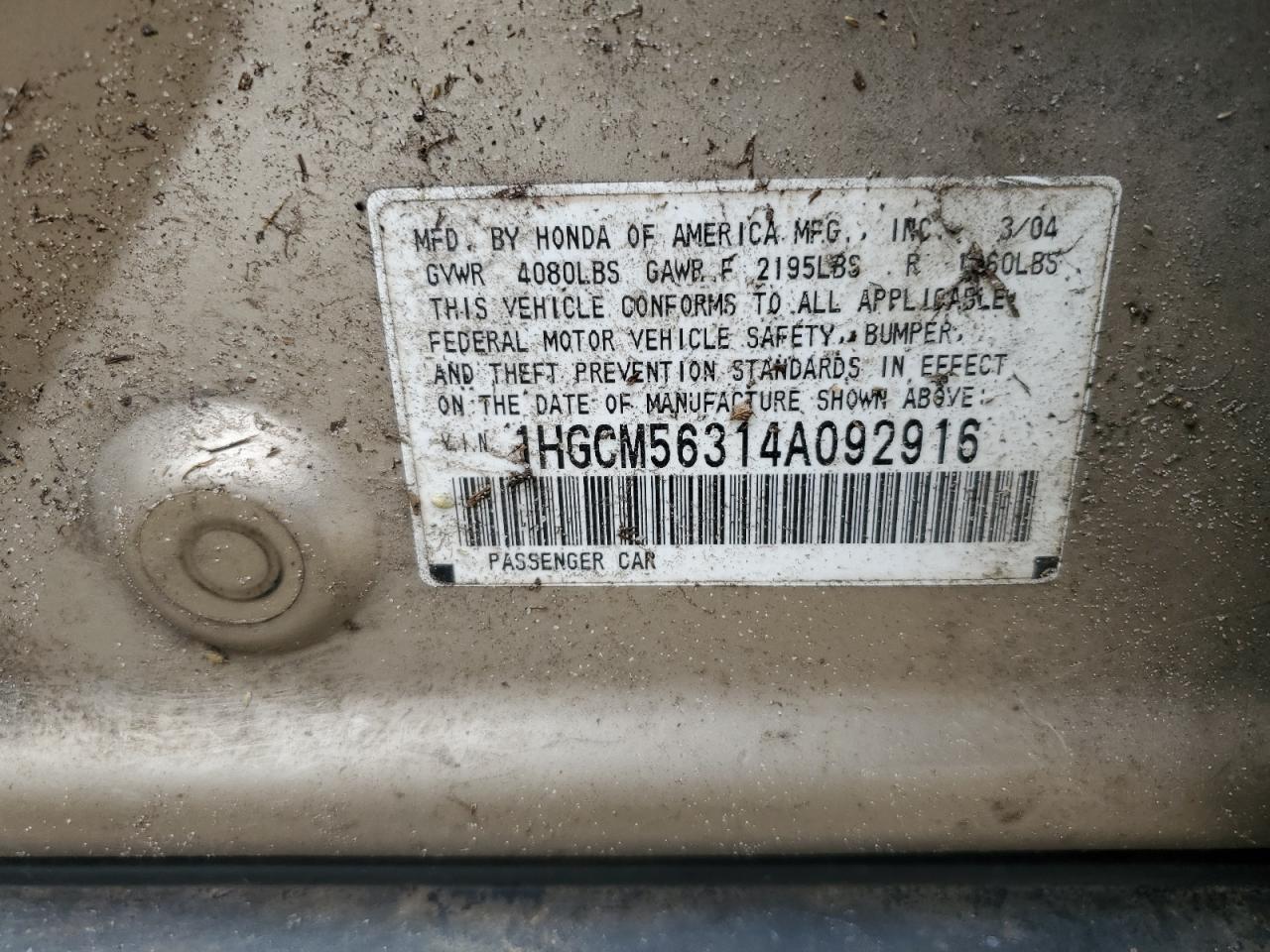 1HGCM56314A092916 2004 Honda Accord Lx