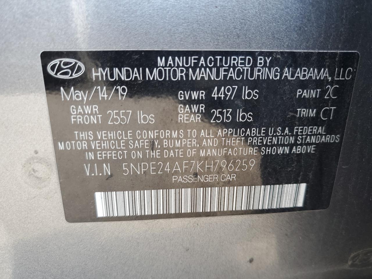 5NPE24AF7KH796259 2019 Hyundai Sonata Se