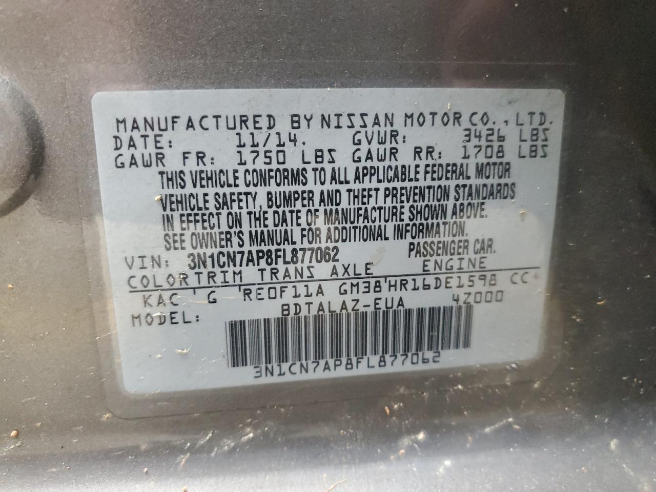 3N1CN7AP8FL877062 2015 Nissan Versa S