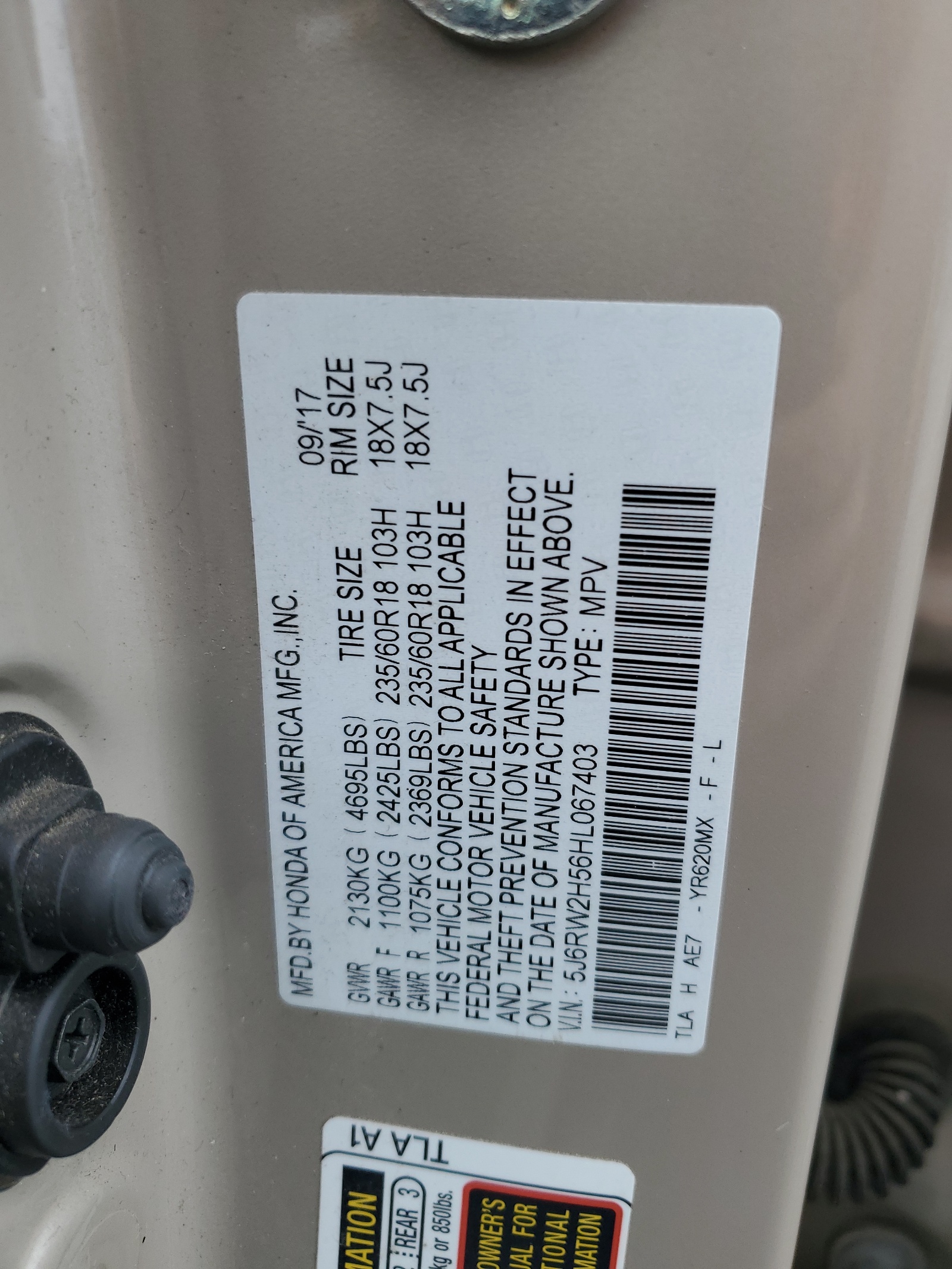 5J6RW2H56HL067403 2017 Honda Cr-V Ex