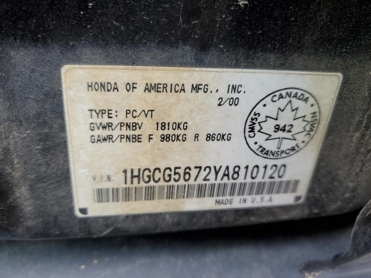 1HGCG5672YA810120 2000 Honda Accord Se