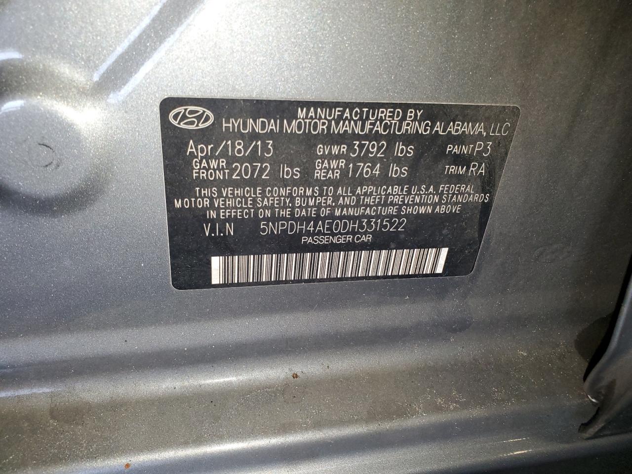 2013 Hyundai Elantra Gls VIN: 5NPDH4AE0DH331522 Lot: 65891814