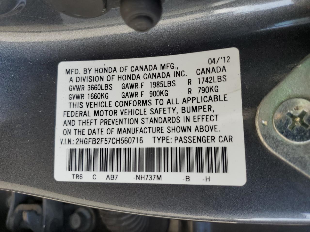 2HGFB2F57CH560716 2012 Honda Civic Lx