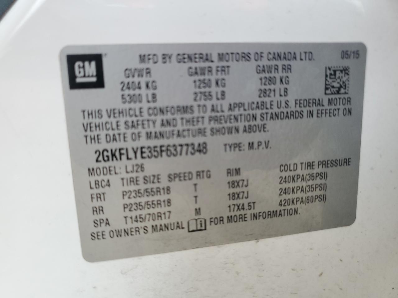 2015 GMC Terrain Slt VIN: 2GKFLYE35F6377348 Lot: 66562364