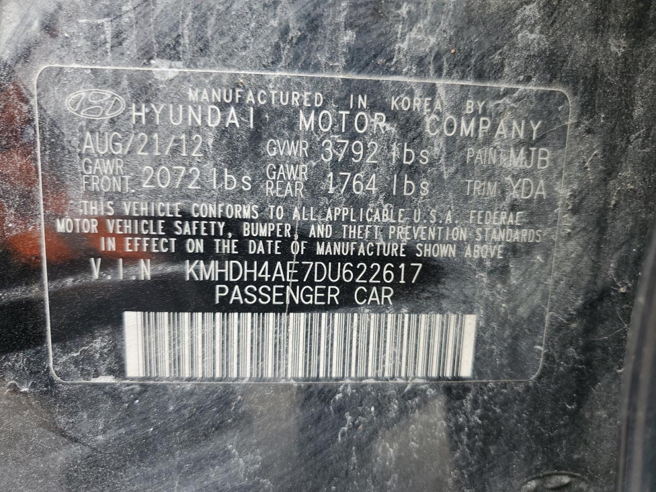 2013 Hyundai Elantra Gls VIN: KMHDH4AE7DU622617 Lot: 68339054