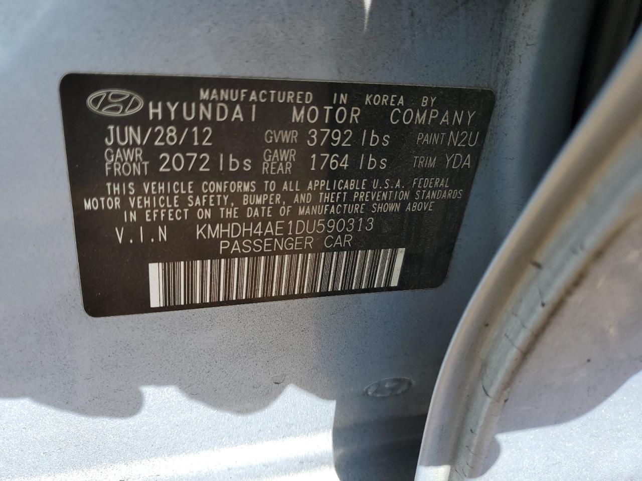 2013 Hyundai Elantra Gls VIN: KMHDH4AE1DU590313 Lot: 65946074
