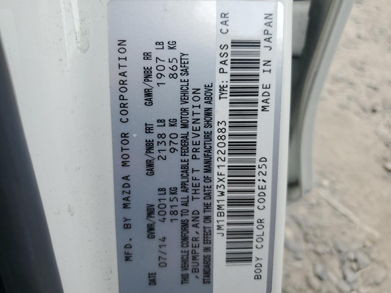 2015 Mazda 3 Grand Touring VIN: JM1BM1W3XF1220883 Lot: 65468534