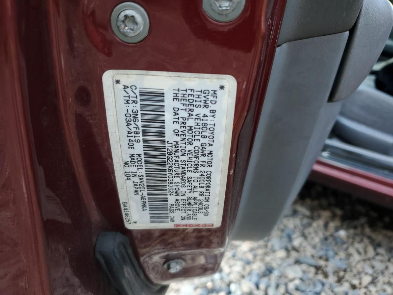 2000 Toyota Camry Ce VIN: JT2BG22K6Y0383624 Lot: 65834394