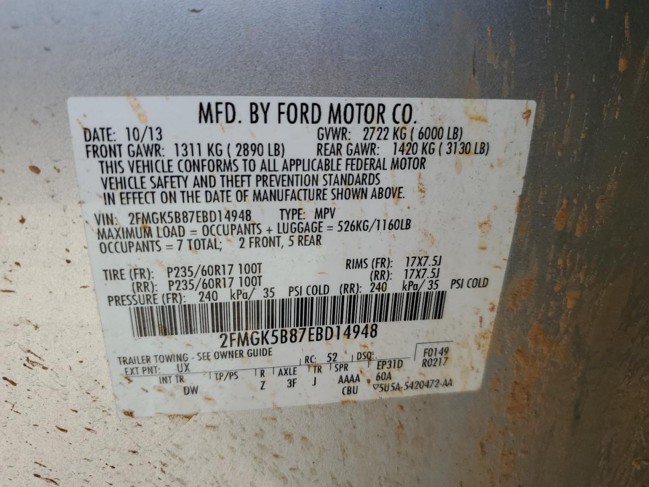 2FMGK5B87EBD14948 2014 Ford Flex Se