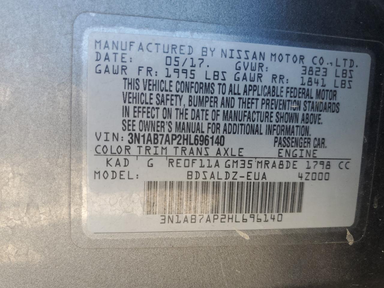 3N1AB7AP2HL696140 2017 Nissan Sentra S