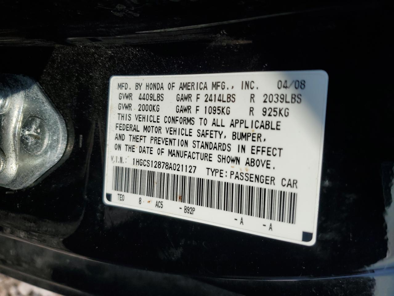 1HGCS12878A021127 2008 Honda Accord Exl