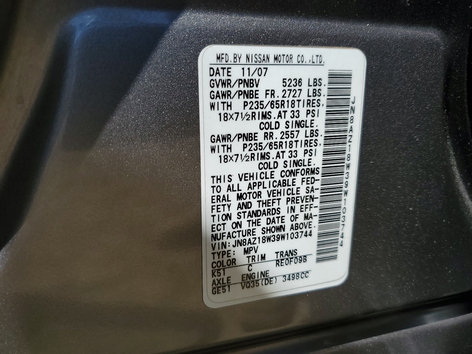 JN8AZ18W39W103744 2009 Nissan Murano S