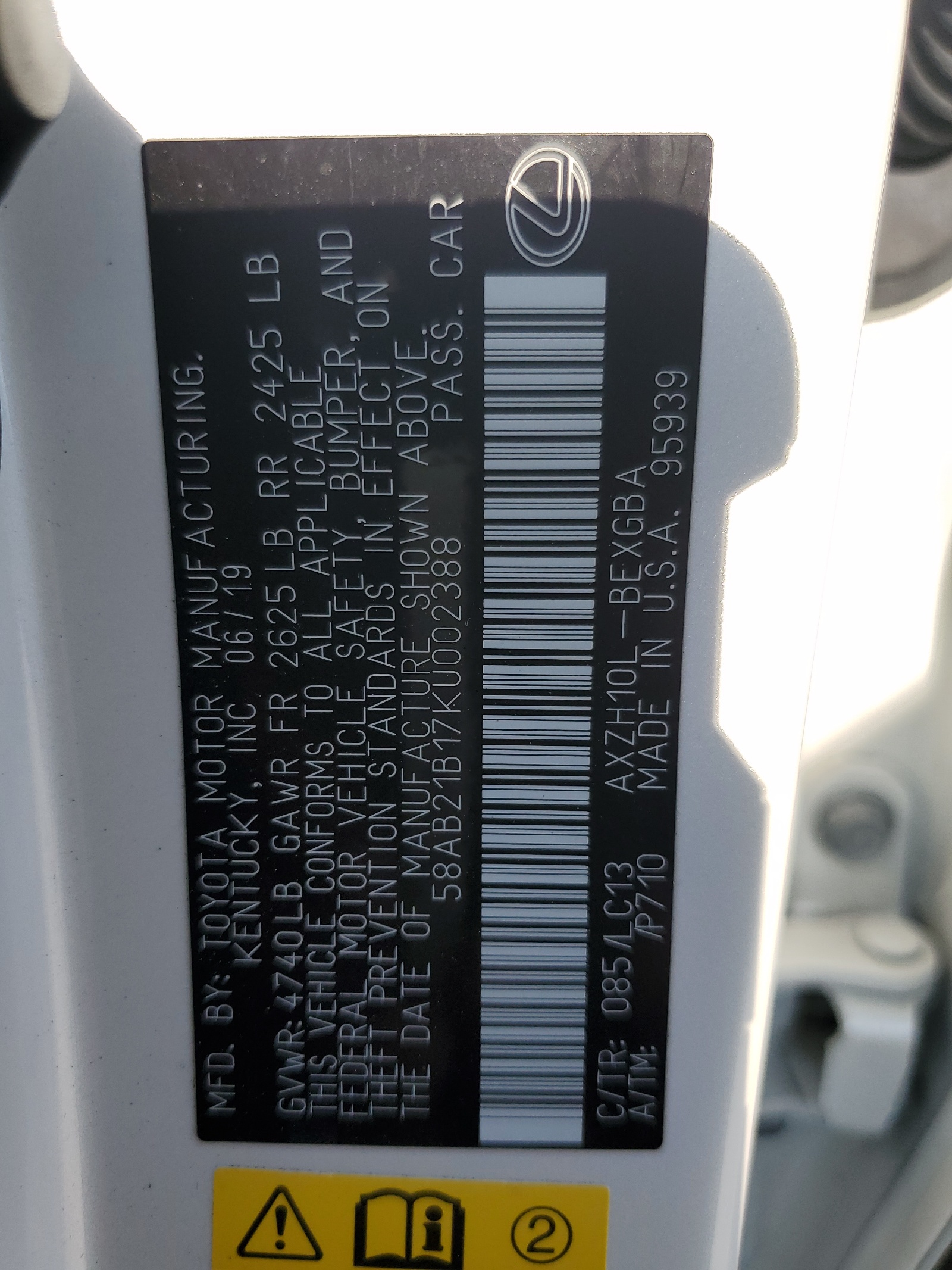 58AB21B17KU002388 2019 Lexus Es 300H