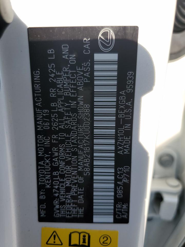 2019 Lexus Es 300H VIN: 58AB21B17KU002388 Lot: 67293924