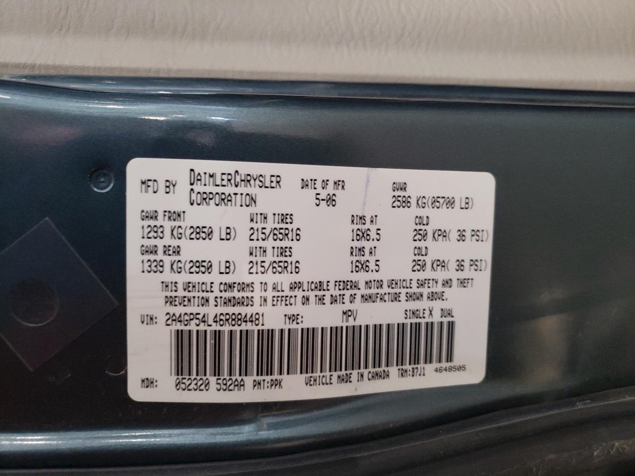 2006 Chrysler Town & Country Touring VIN: 2A4GP54L46R884481 Lot: 66171714