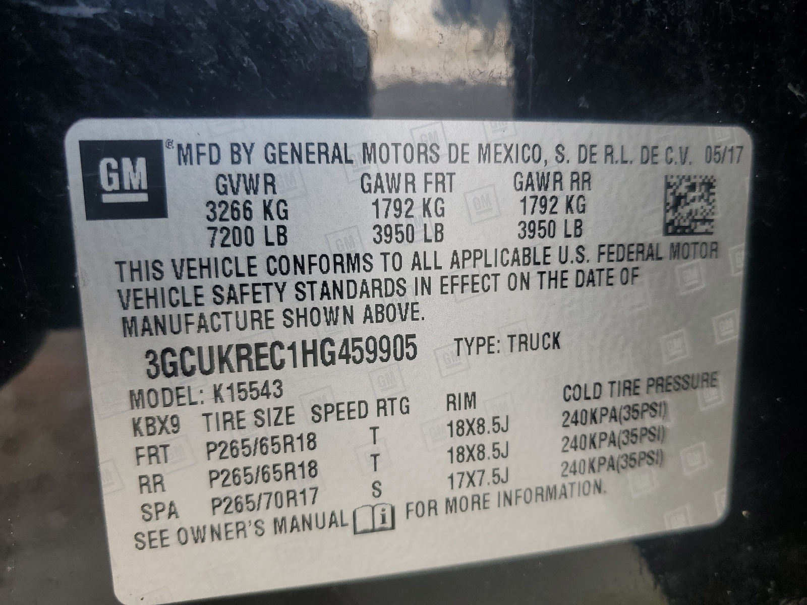 3GCUKREC1HG459905 2017 Chevrolet Silverado K1500 Lt