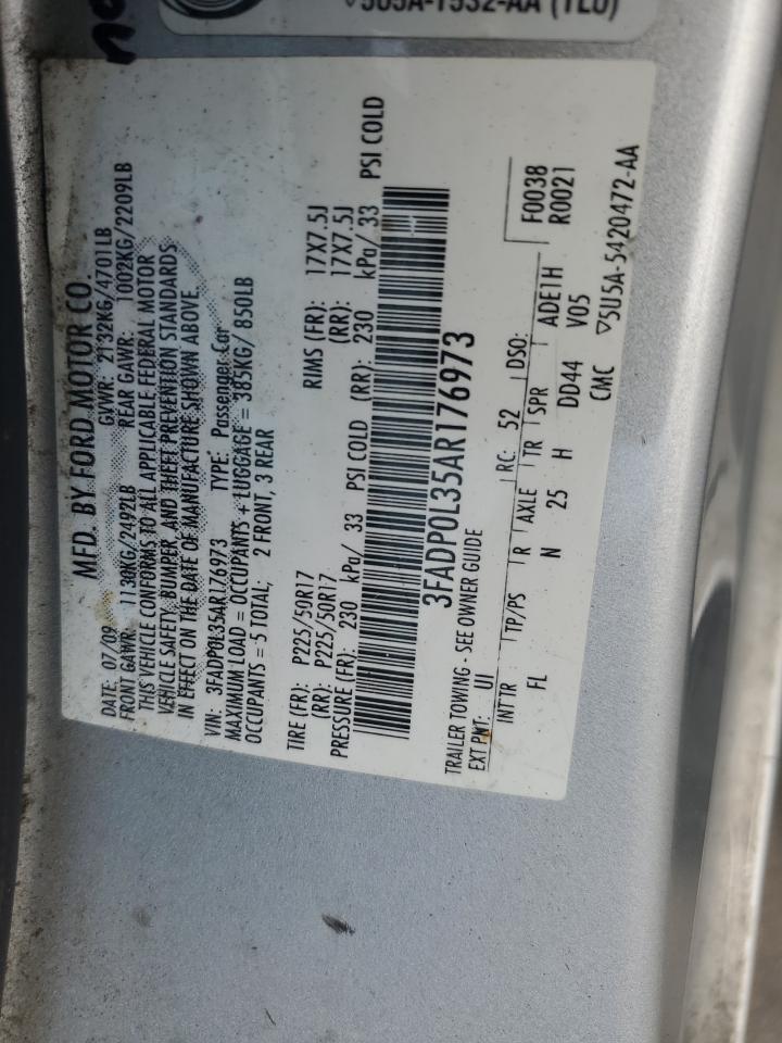 2010 Ford Fusion Hybrid VIN: 3FADP0L35AR176973 Lot: 66706394