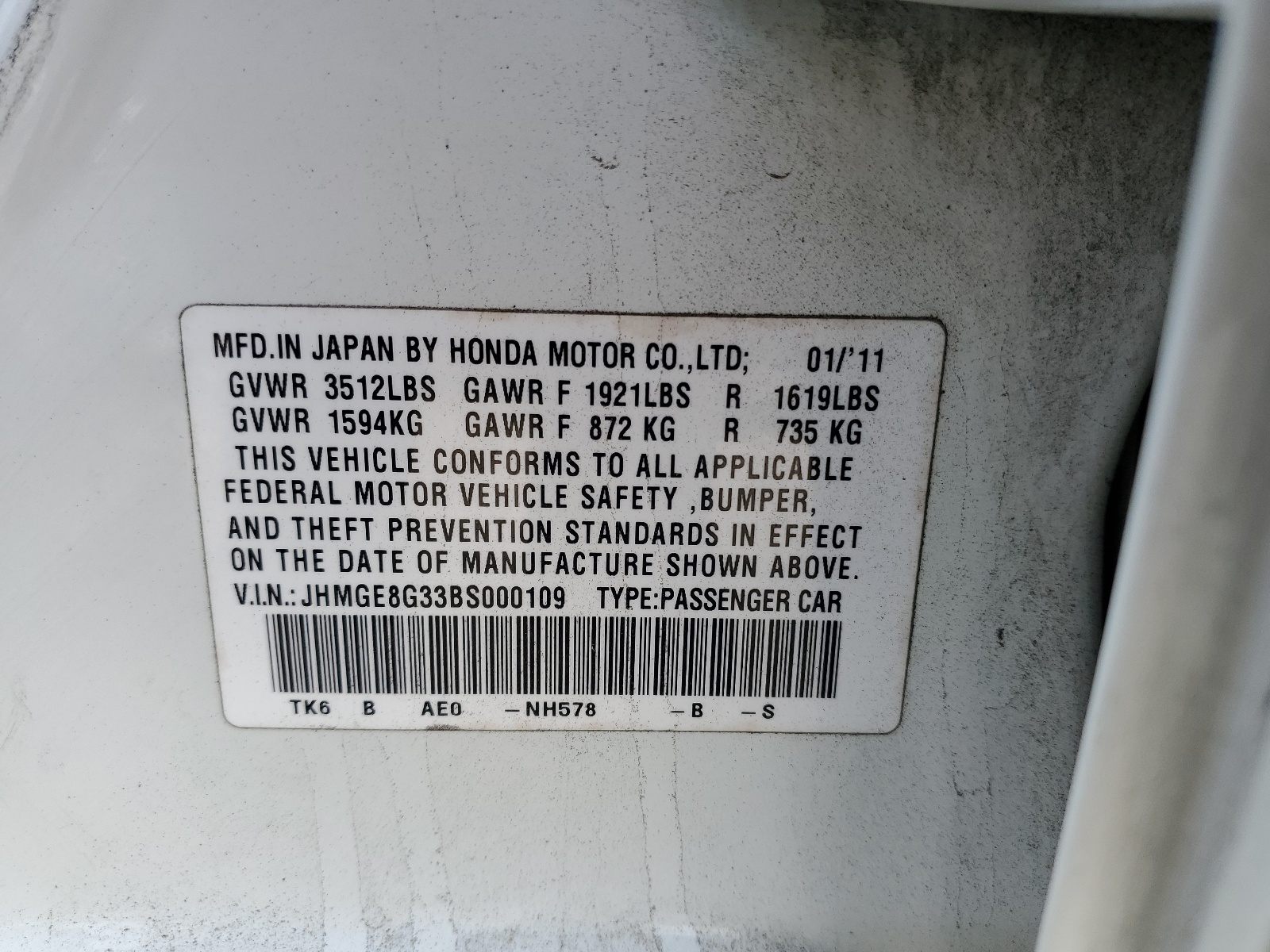JHMGE8G33BS000109 2011 Honda Fit