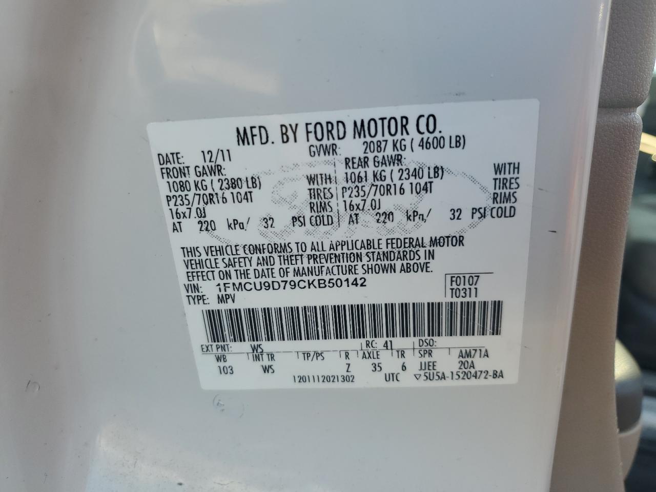 2012 Ford Escape Xlt VIN: 1FMCU9D79CKB50142 Lot: 67543174