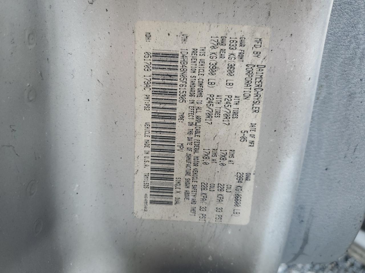 2005 Dodge Durango Slt VIN: 1D4HB48N05F615305 Lot: 65323874