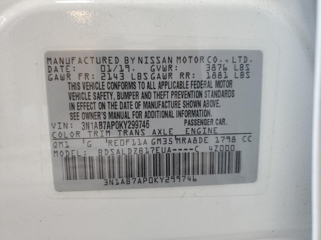 3N1AB7AP0KY299746 2019 Nissan Sentra S