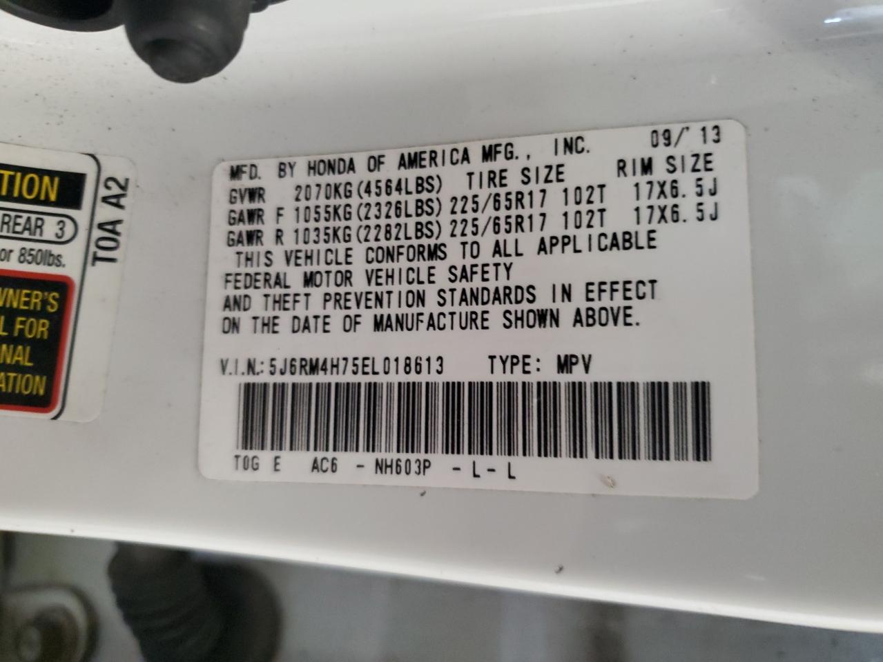 2014 Honda Cr-V Exl VIN: 5J6RM4H75EL018613 Lot: 66650474