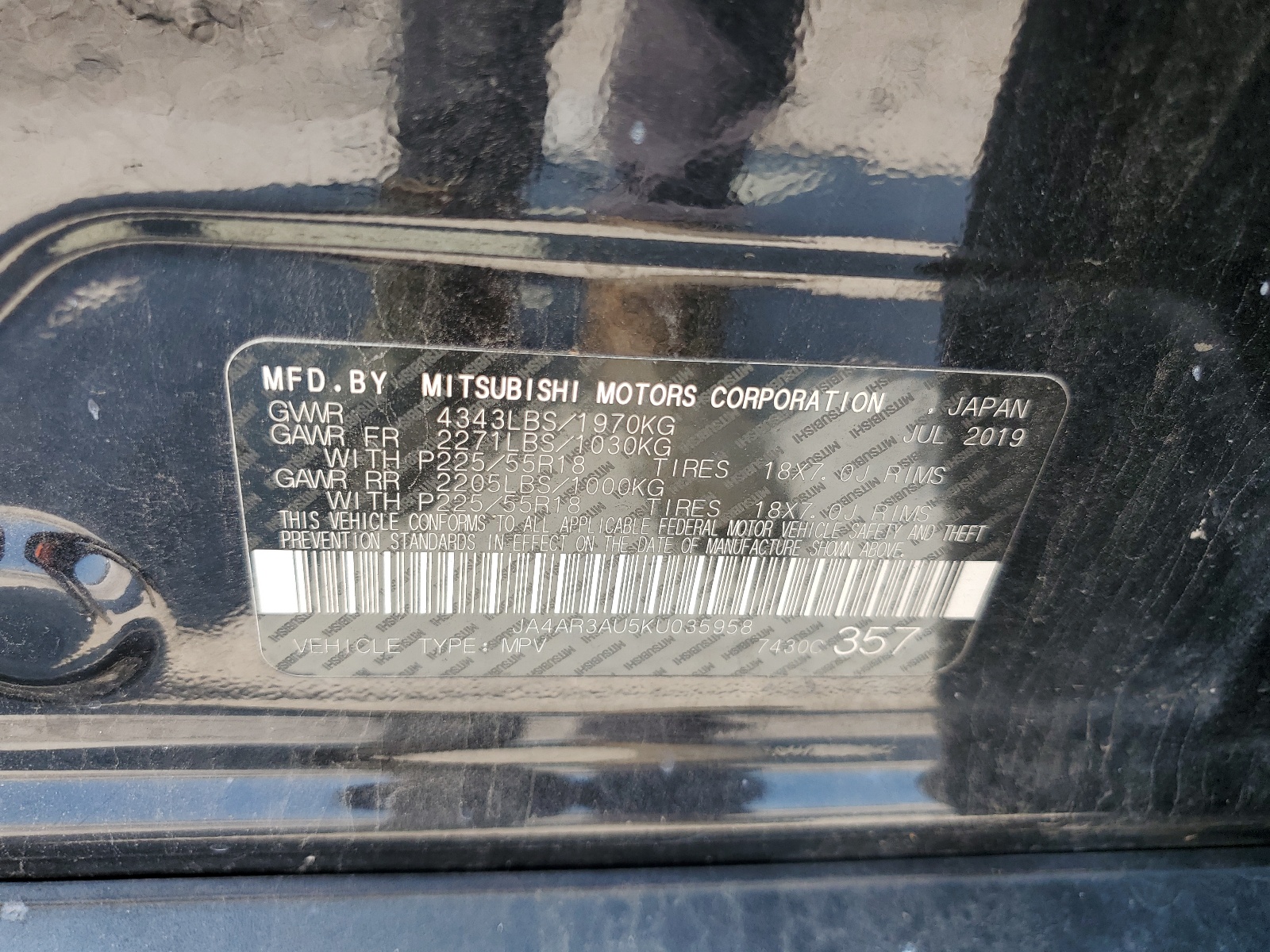 JA4AR3AU5KU035958 2019 Mitsubishi Outlander Sport Es