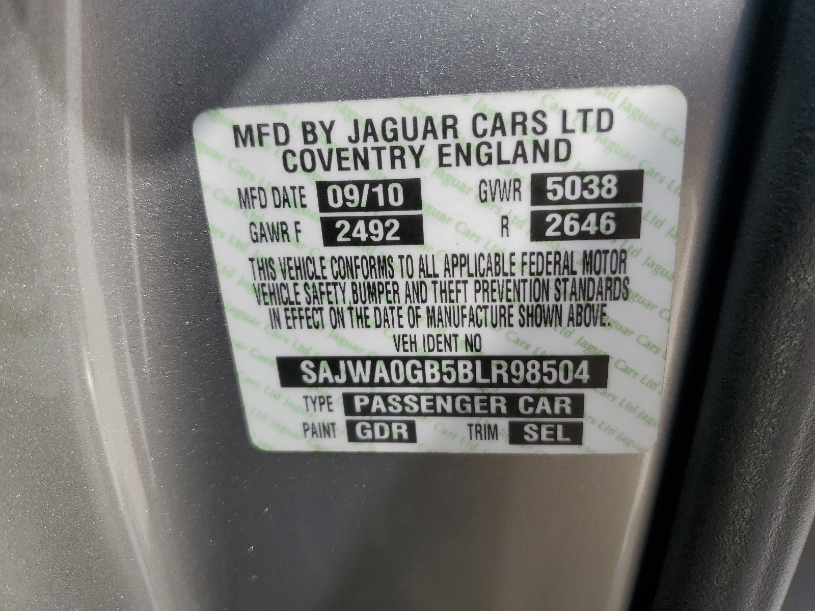SAJWA0GB5BLR98504 2011 Jaguar Xf Premium