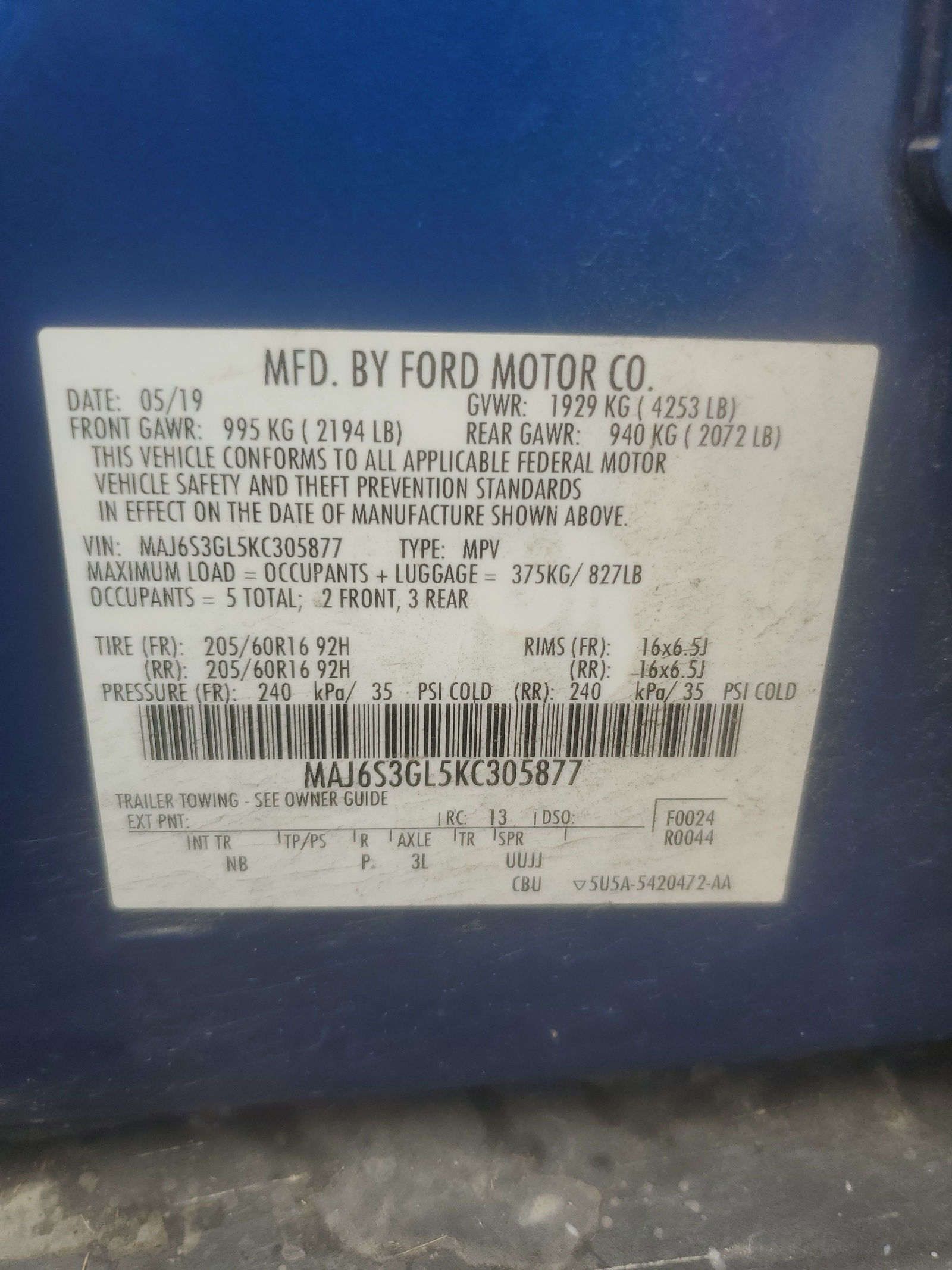 MAJ6S3GL5KC305877 2019 Ford Ecosport Se